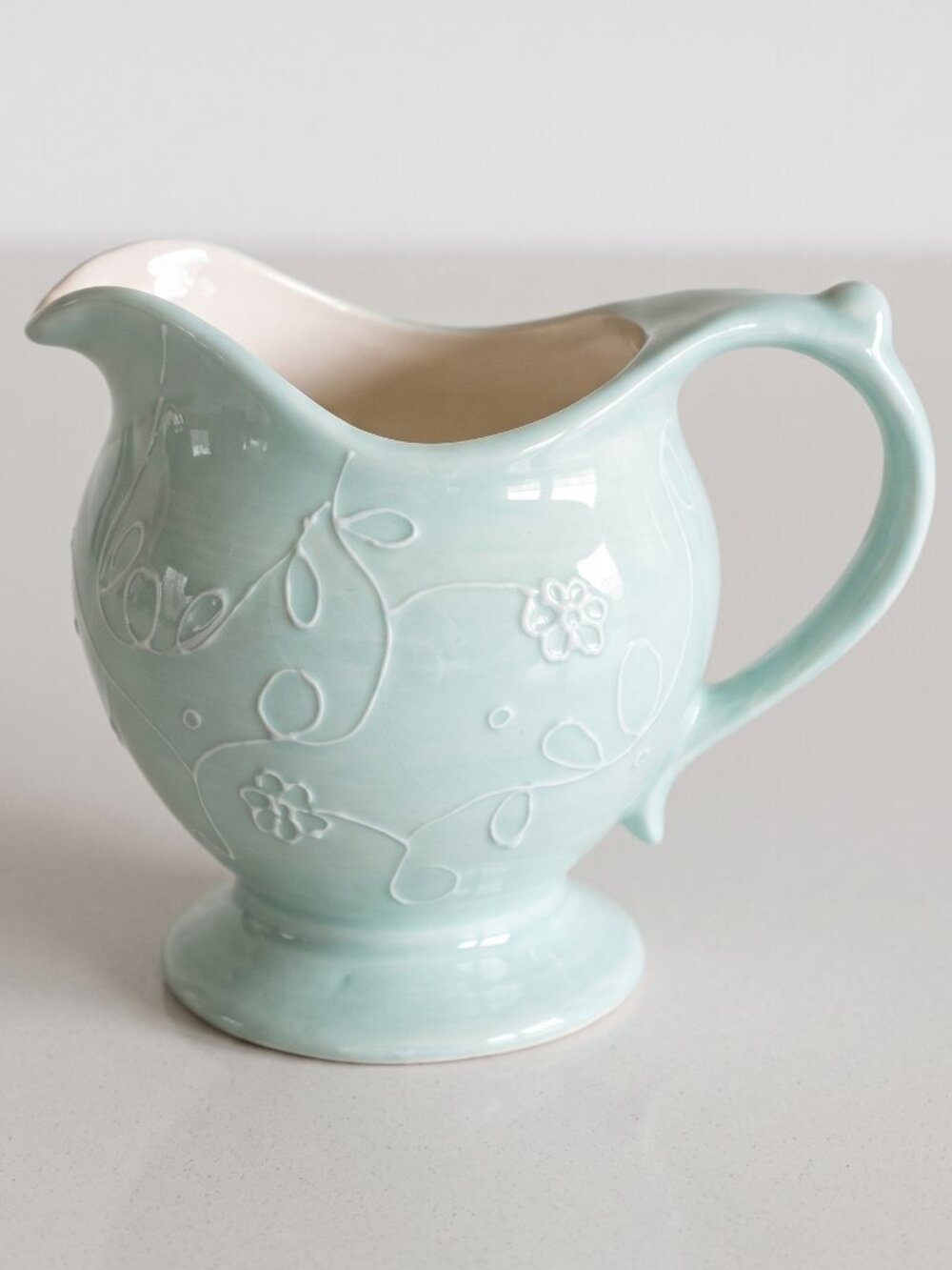 Vintage Aqua Green Ceramic Pitcher Embossed Floral Vine Footed Majolica Style Ju